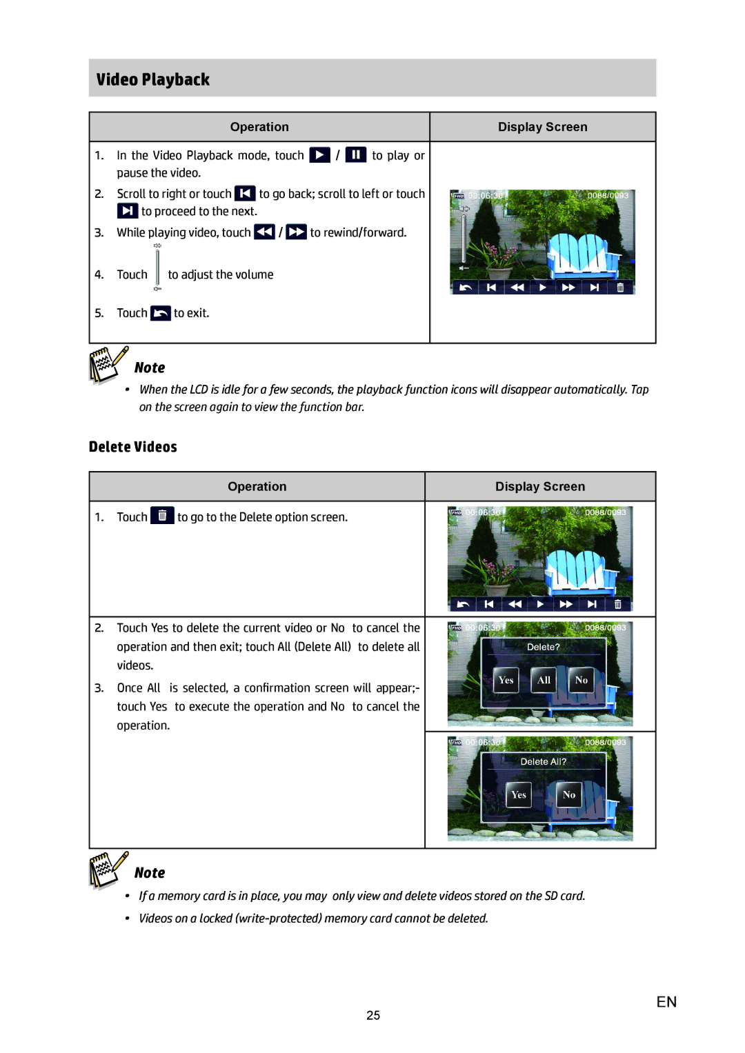 HP T450 manual Video Playback, Delete Videos 