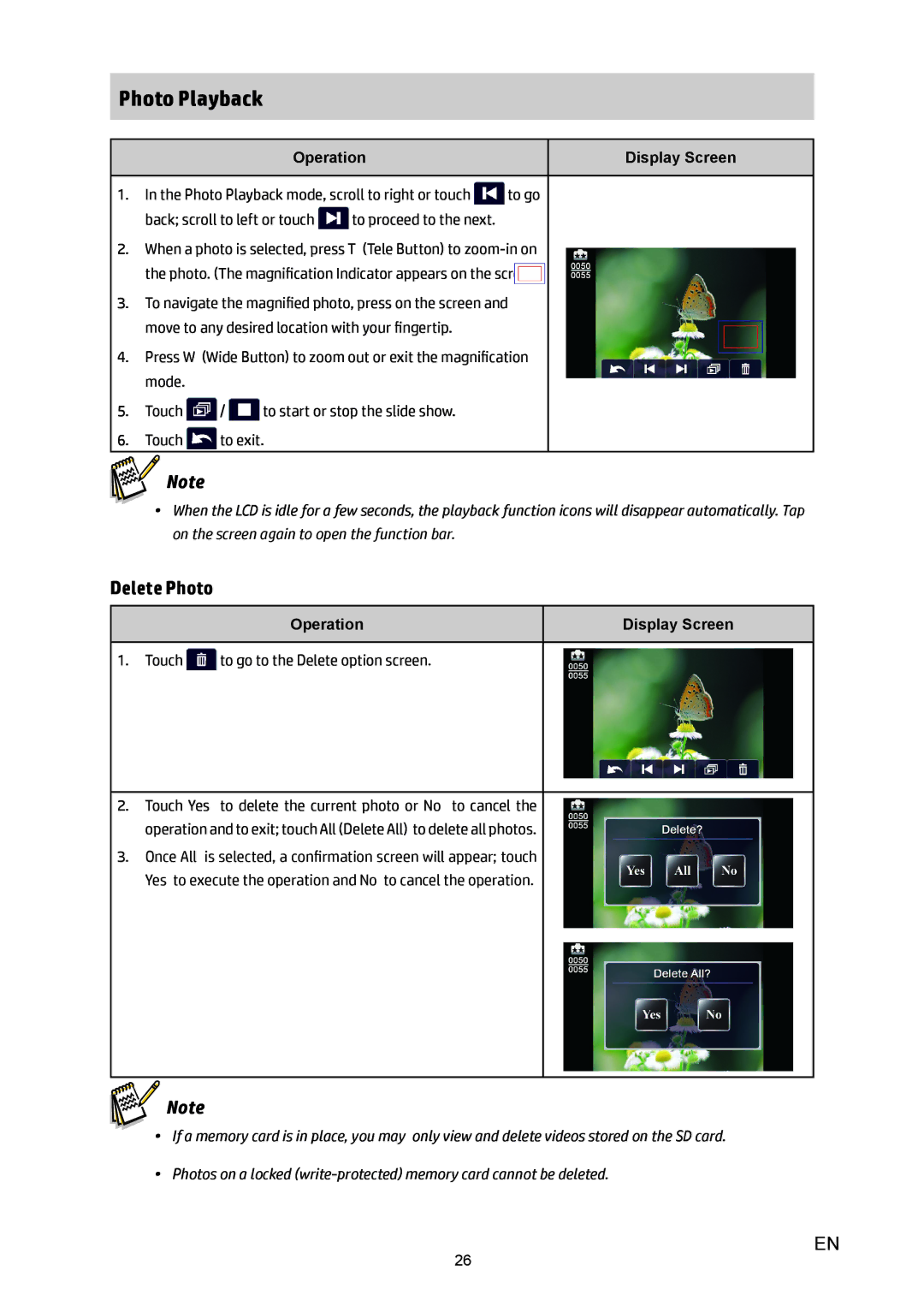 HP T450 manual Photo Playback, Delete Photo 