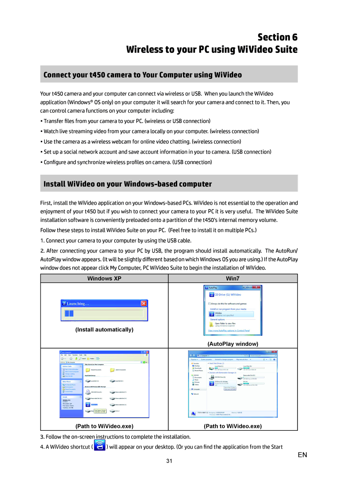 HP T450 manual Connect your t450 camera to Your Computer using WiVideo, Install WiVideo on your Windows-based computer 