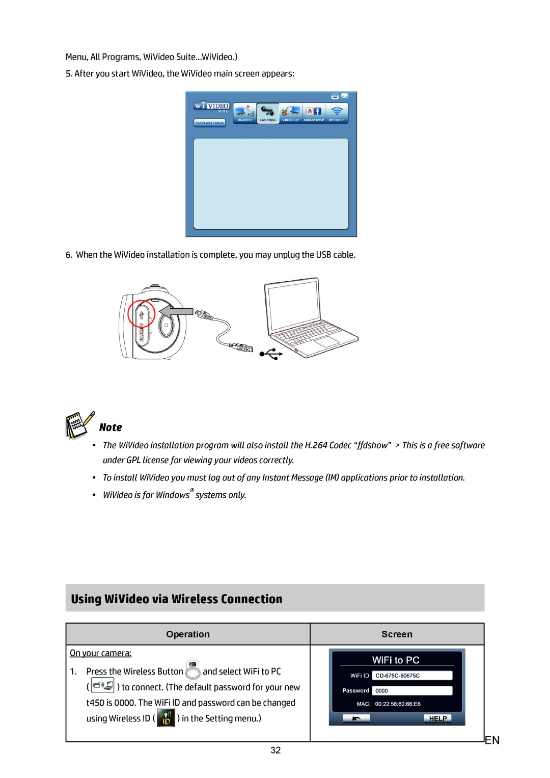 HP T450 manual Using WiVideo via Wireless Connection, Operation 