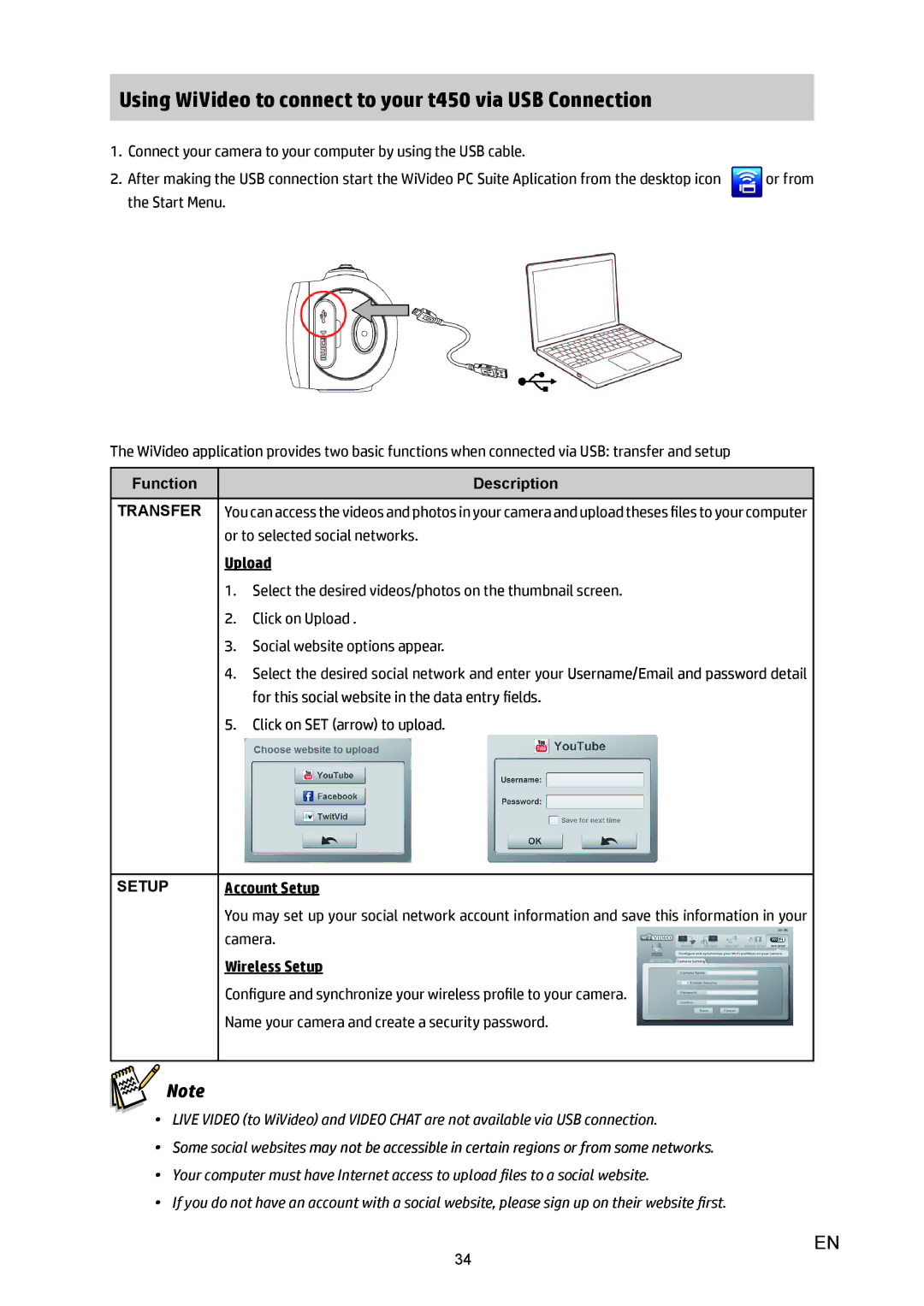 HP T450 manual Using WiVideo to connect to your t450 via USB Connection, Upload, Account Setup, Wireless Setup 