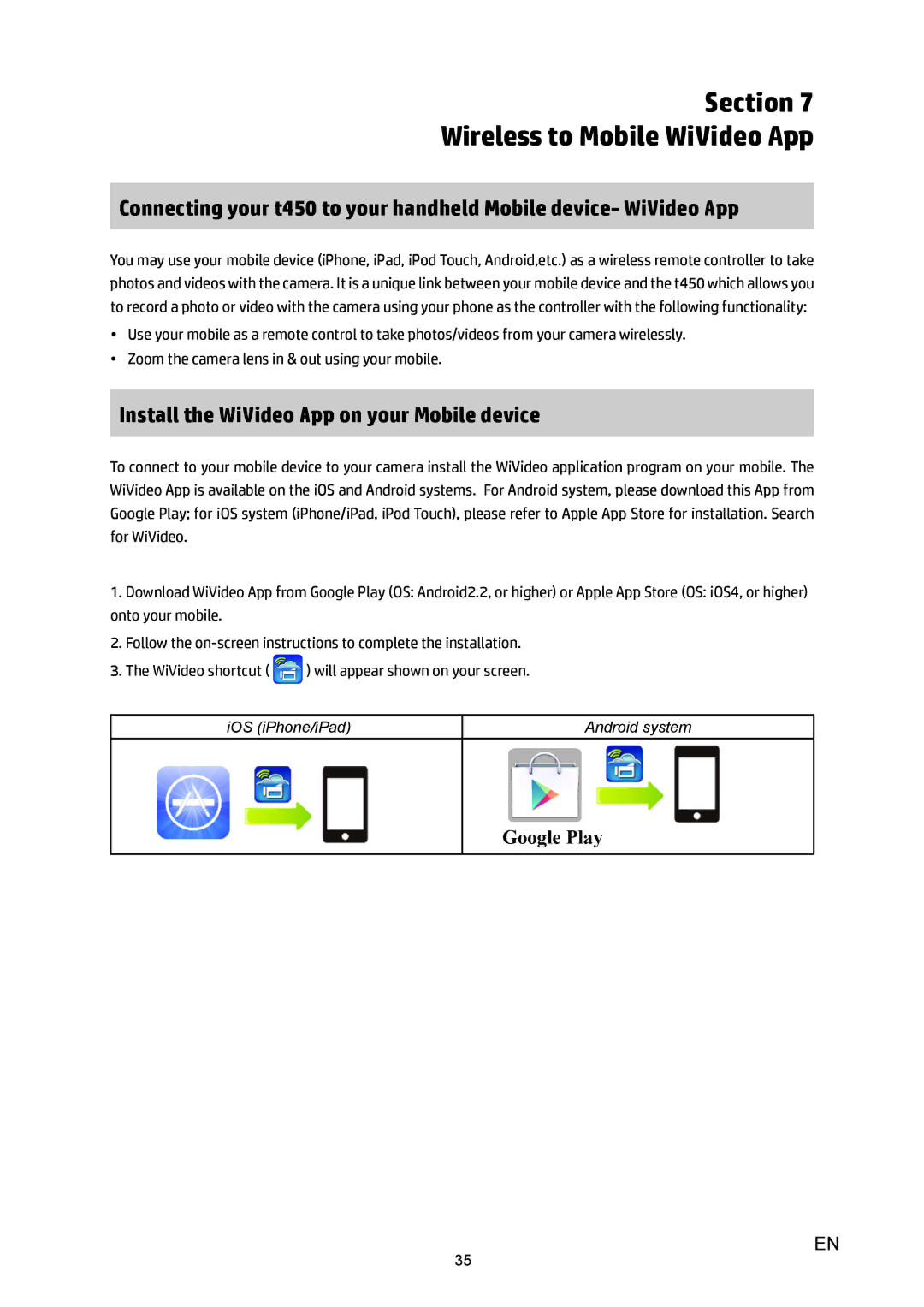 HP T450 manual Section Wireless to Mobile WiVideo App, Install the WiVideo App on your Mobile device 