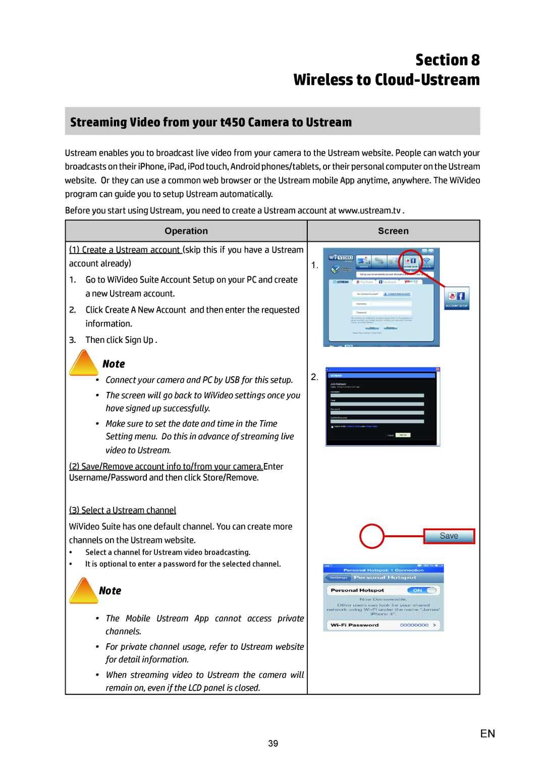 HP T450 manual Section Wireless to Cloud-Ustream, Streaming Video from your t450 Camera to Ustream 