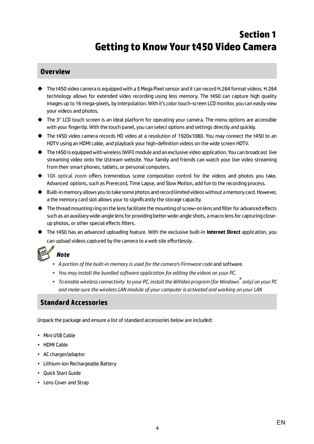 HP T450 manual Getting to Know Your t450 Video Camera, Overview, Standard Accessories 