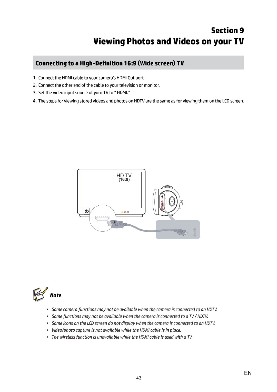 HP T450 manual Viewing Photos and Videos on your TV, Connecting to a High-Definition 169 Wide screen TV 