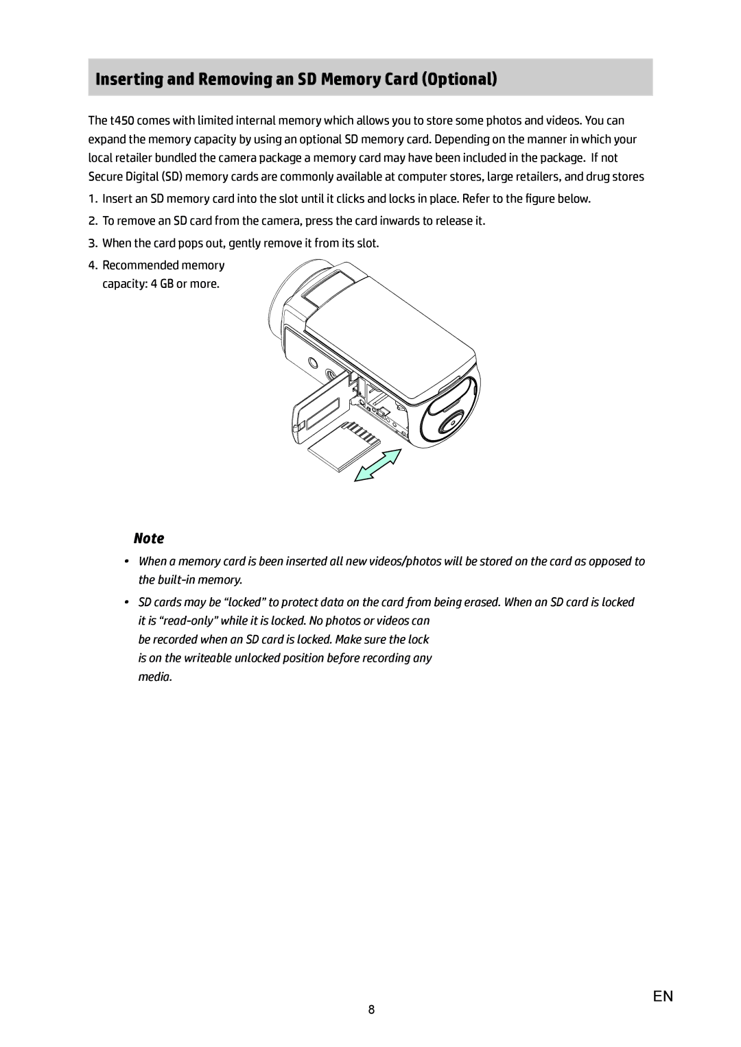 HP T450 manual Inserting and Removing an SD Memory Card Optional 