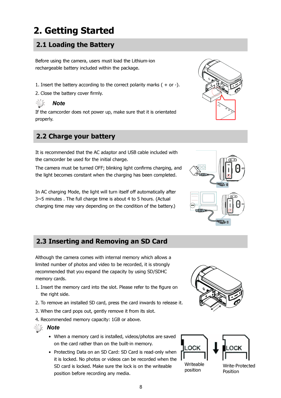 HP t500 manual Getting Started, Loading the Battery, Charge your battery, Inserting and Removing an SD Card 