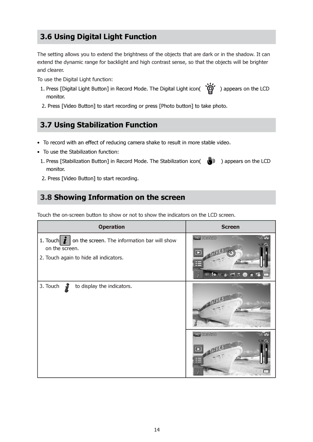 HP t500 Using Digital Light Function, Using Stabilization Function, Showing Information on the screen, Operation Screen 