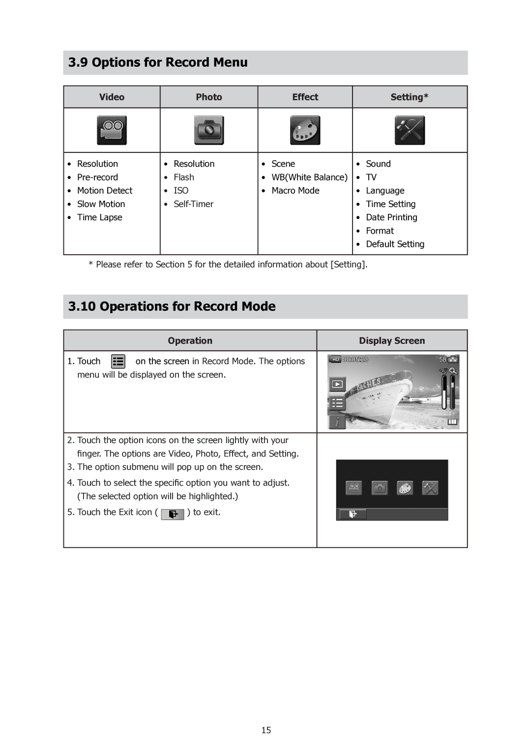 HP t500 manual Options for Record Menu, Operations for Record Mode, Video Photo Effect Setting 