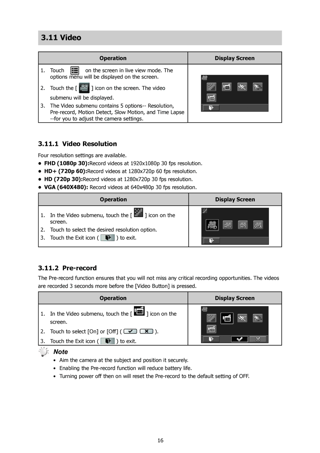 HP t500 manual Video Resolution, Pre-record 