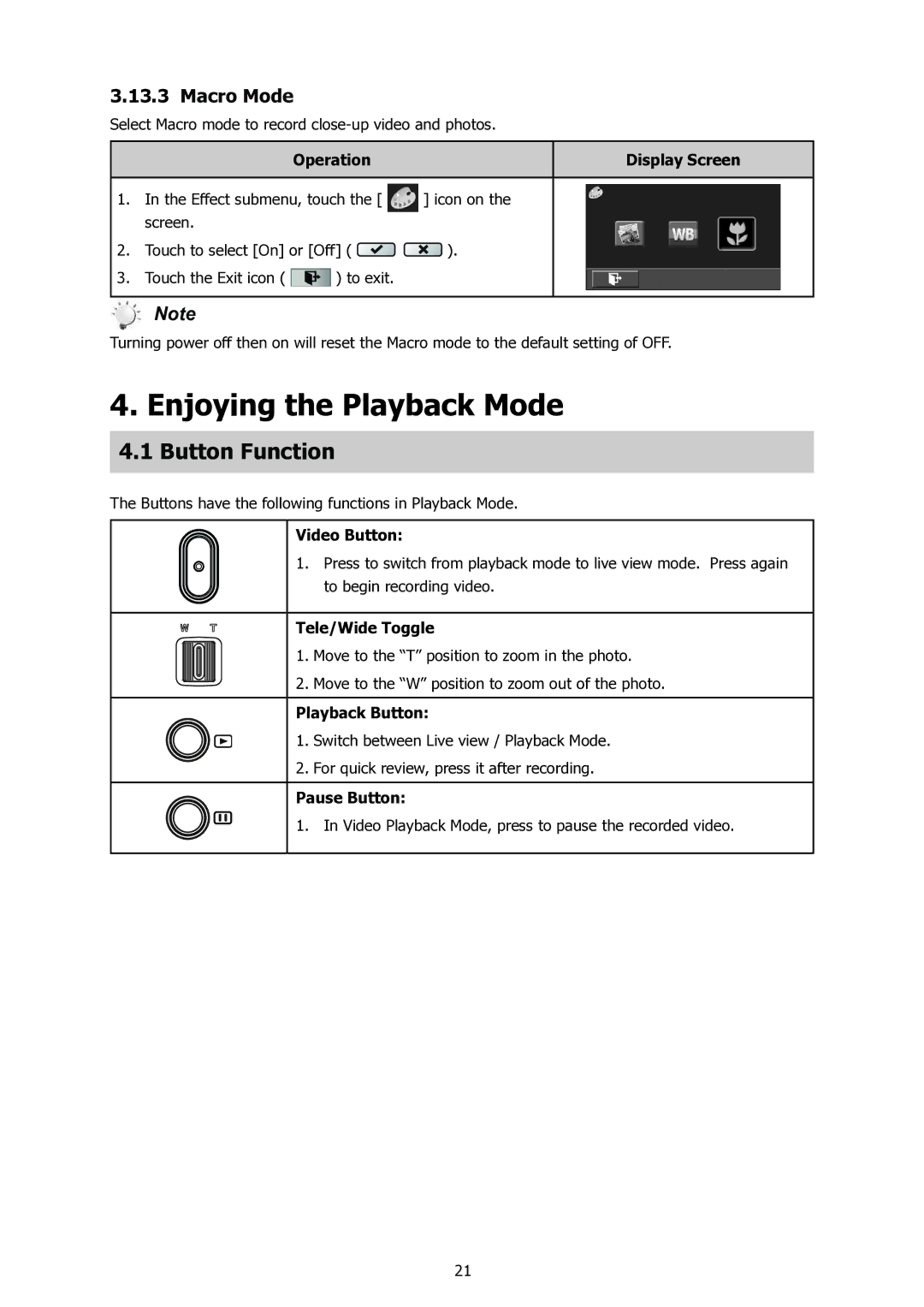 HP t500 manual Enjoying the Playback Mode, Macro Mode, Tele/Wide Toggle 