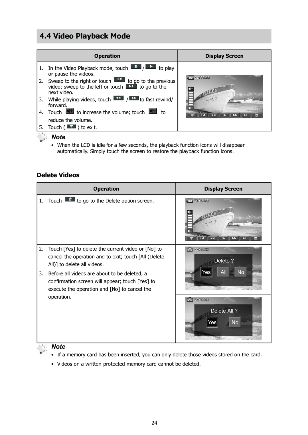 HP t500 manual Video Playback Mode, Delete Videos 