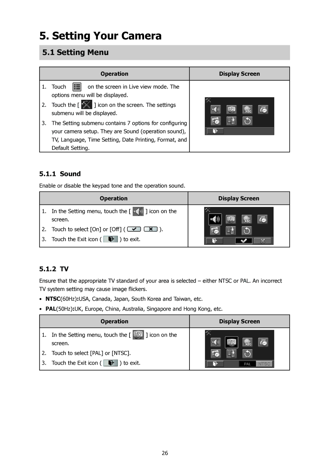 HP t500 manual Setting Your Camera, Setting Menu, Sound, 2 TV 