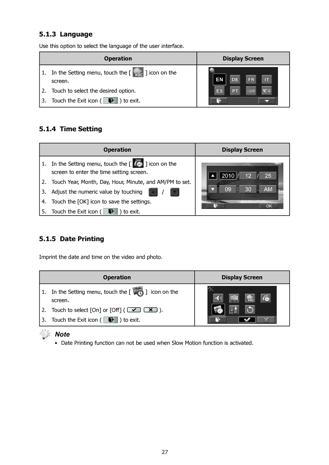 HP t500 manual Language, Time Setting, Date Printing 