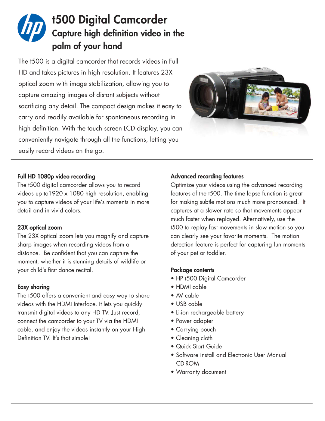 HP t500 manual T500 Digital Camcorder, Capture high definition video in the palm of your hand, Warranty document 