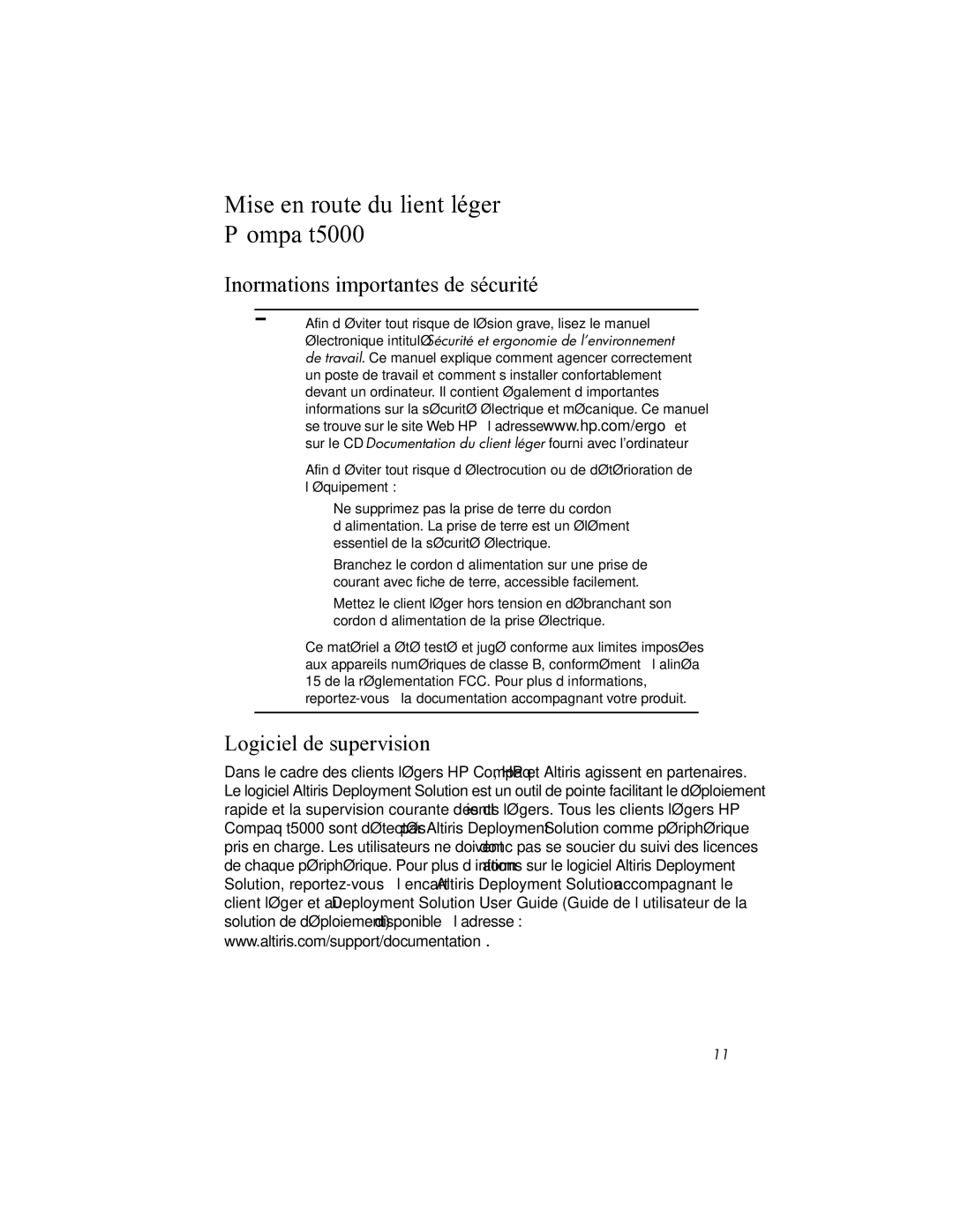 HP manual Mise en route du Client léger HP Compaq t5000, Informations importantes de sécurité, Logiciel de supervision 