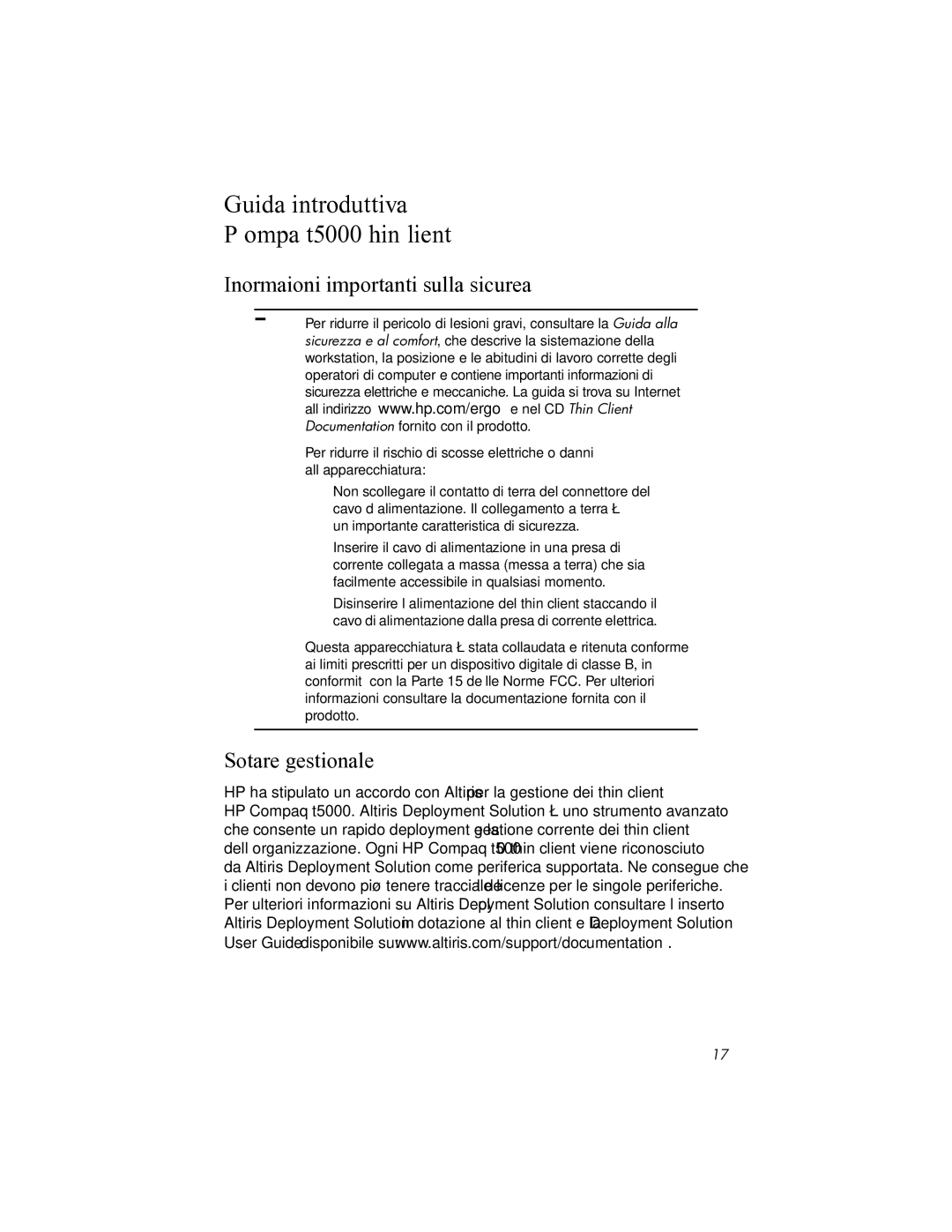 HP manual Guida introduttiva HP Compaq t5000 Thin Client, Informazioni importanti sulla sicurezza, Software gestionale 