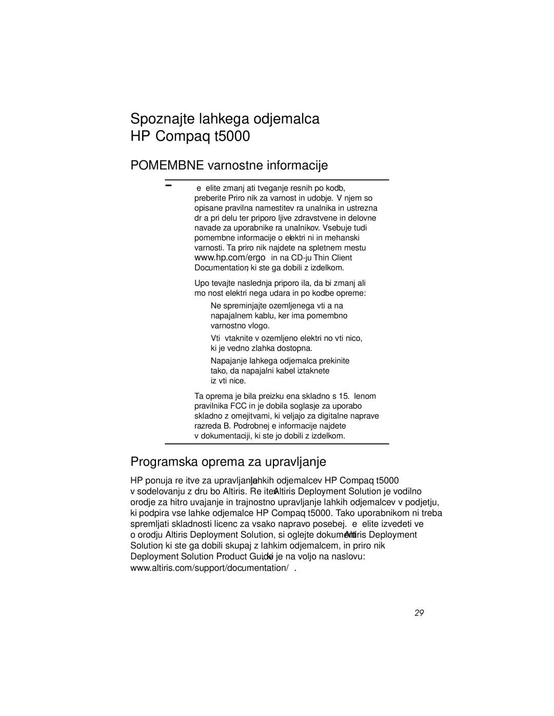 HP manual Spoznajte lahkega odjemalca HP Compaq t5000, Pomembne varnostne informacije, Programska oprema za upravljanje 