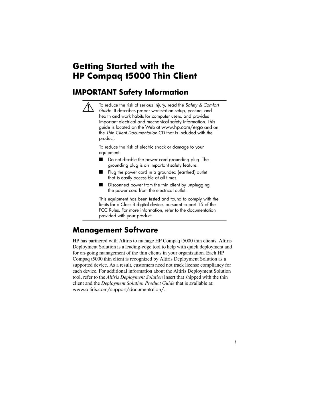 HP manual Getting Started with HP Compaq t5000 Thin Client, Important Safety Information, Management Software 