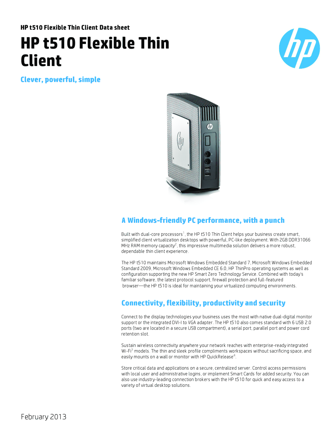 HP H2p23at Tower H2P23ATABA manual HP t510 Flexible Thin Client, Connectivity, flexibility, productivity and security 