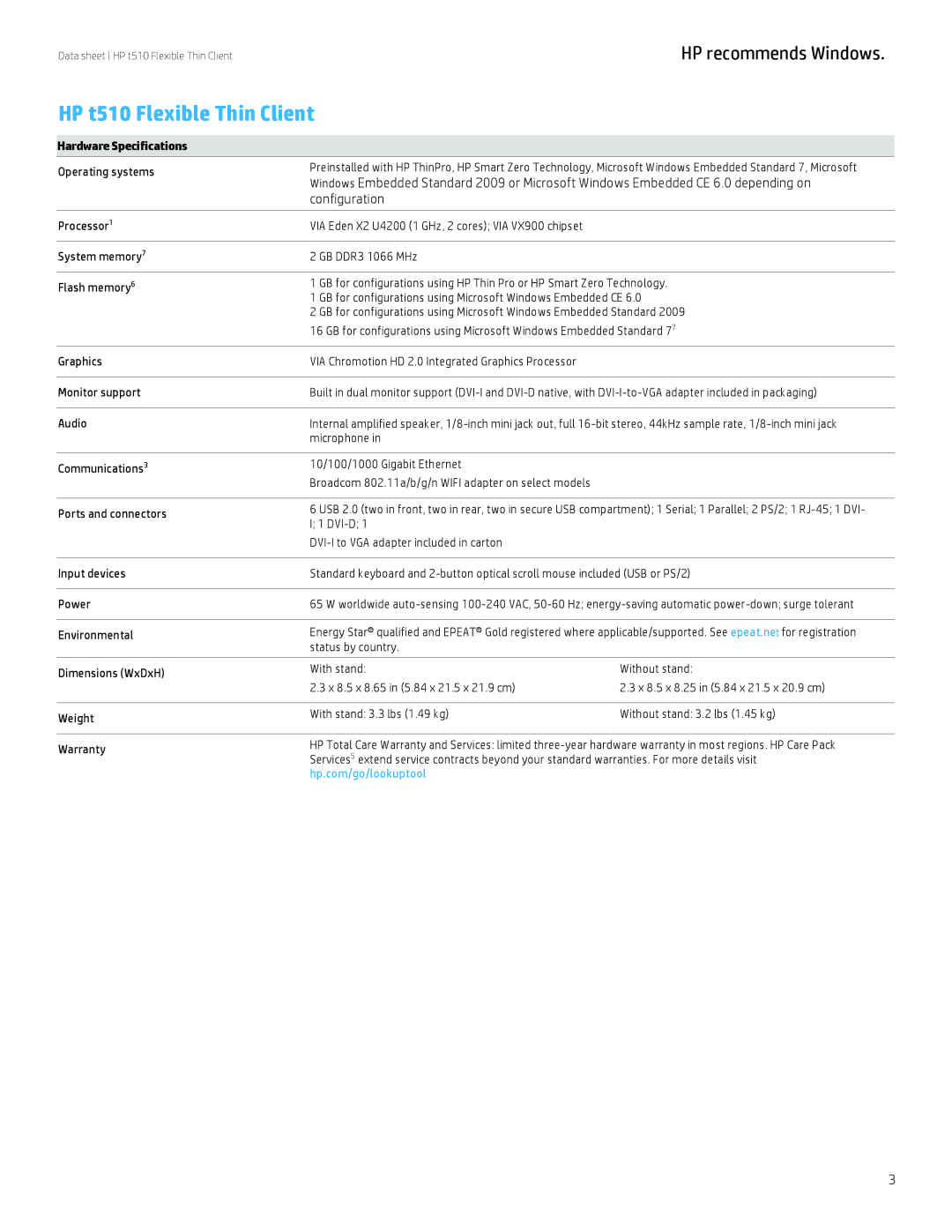 HP T510 H2P21AA#ABA, H2p23at Tower H2P23ATABA, E4S29AT E4S29AT#ABA HP t510 Flexible Thin Client, Hardware Specifications 