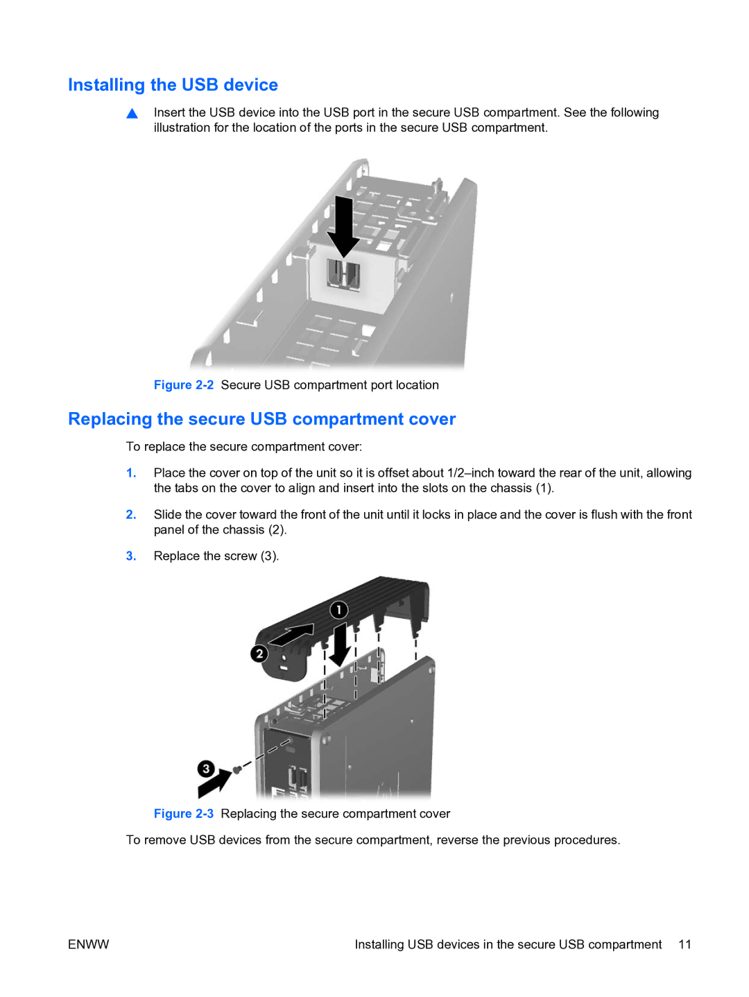 HP t5135 manual Installing the USB device, Replacing the secure USB compartment cover 