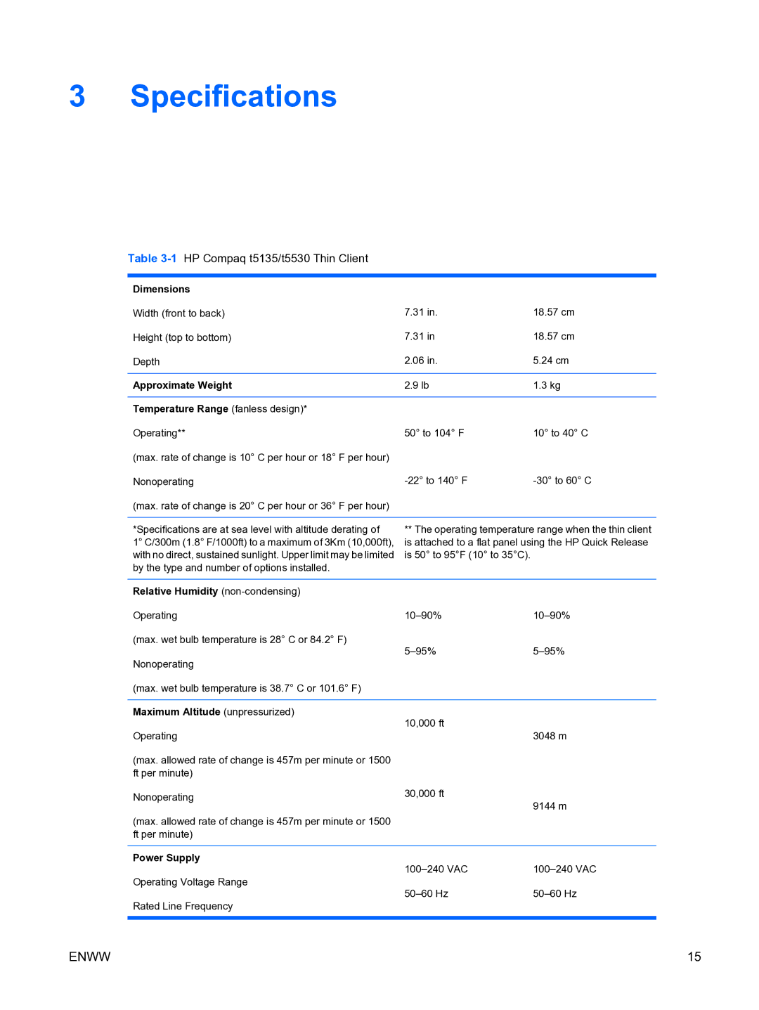 HP manual Specifications, 1HP Compaq t5135/t5530 Thin Client 