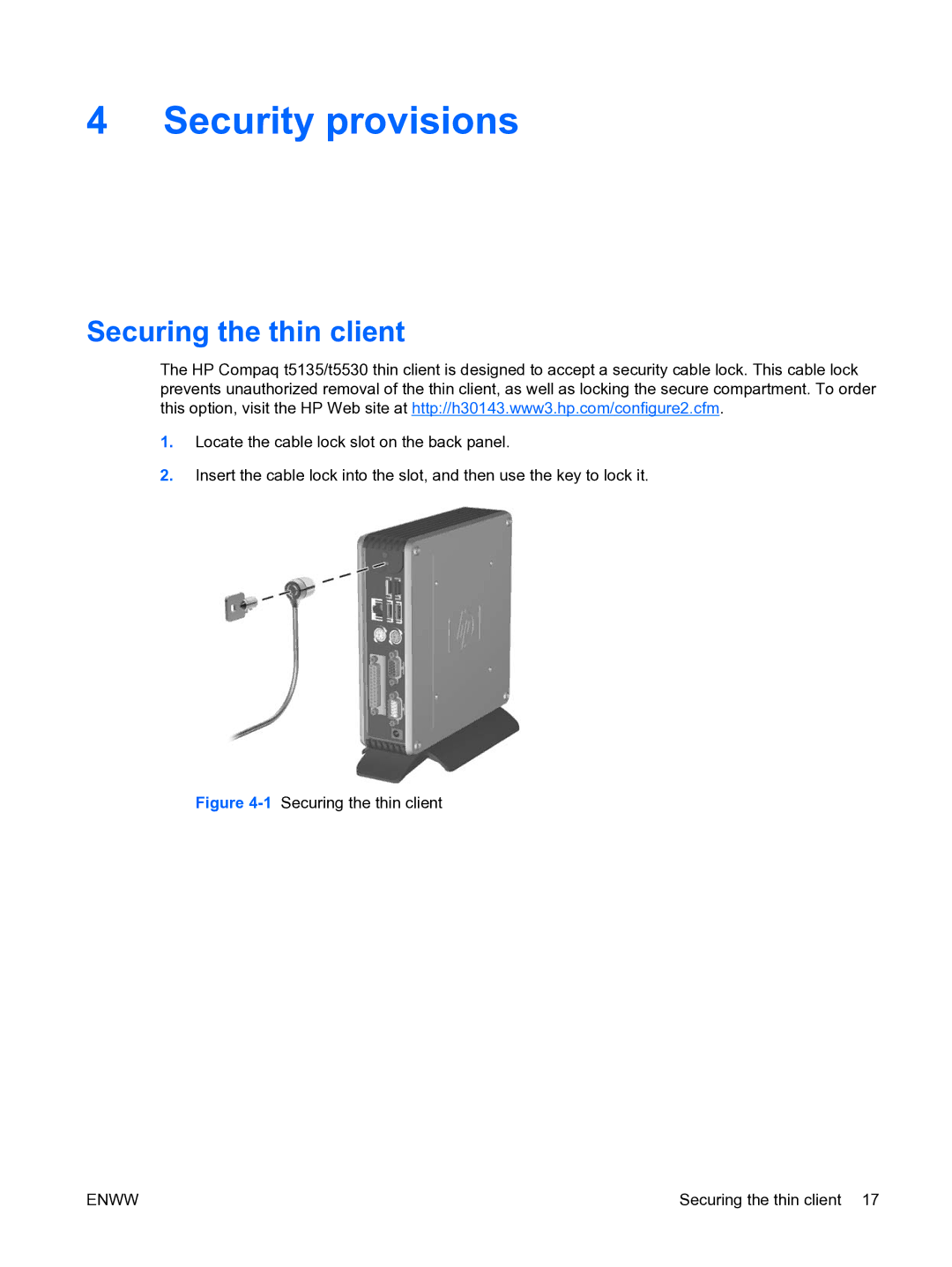 HP t5135 manual Security provisions, Securing the thin client 