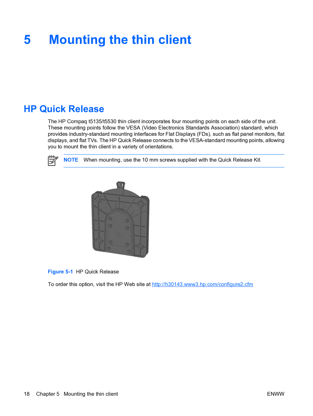 HP t5135 manual Mounting the thin client, HP Quick Release 