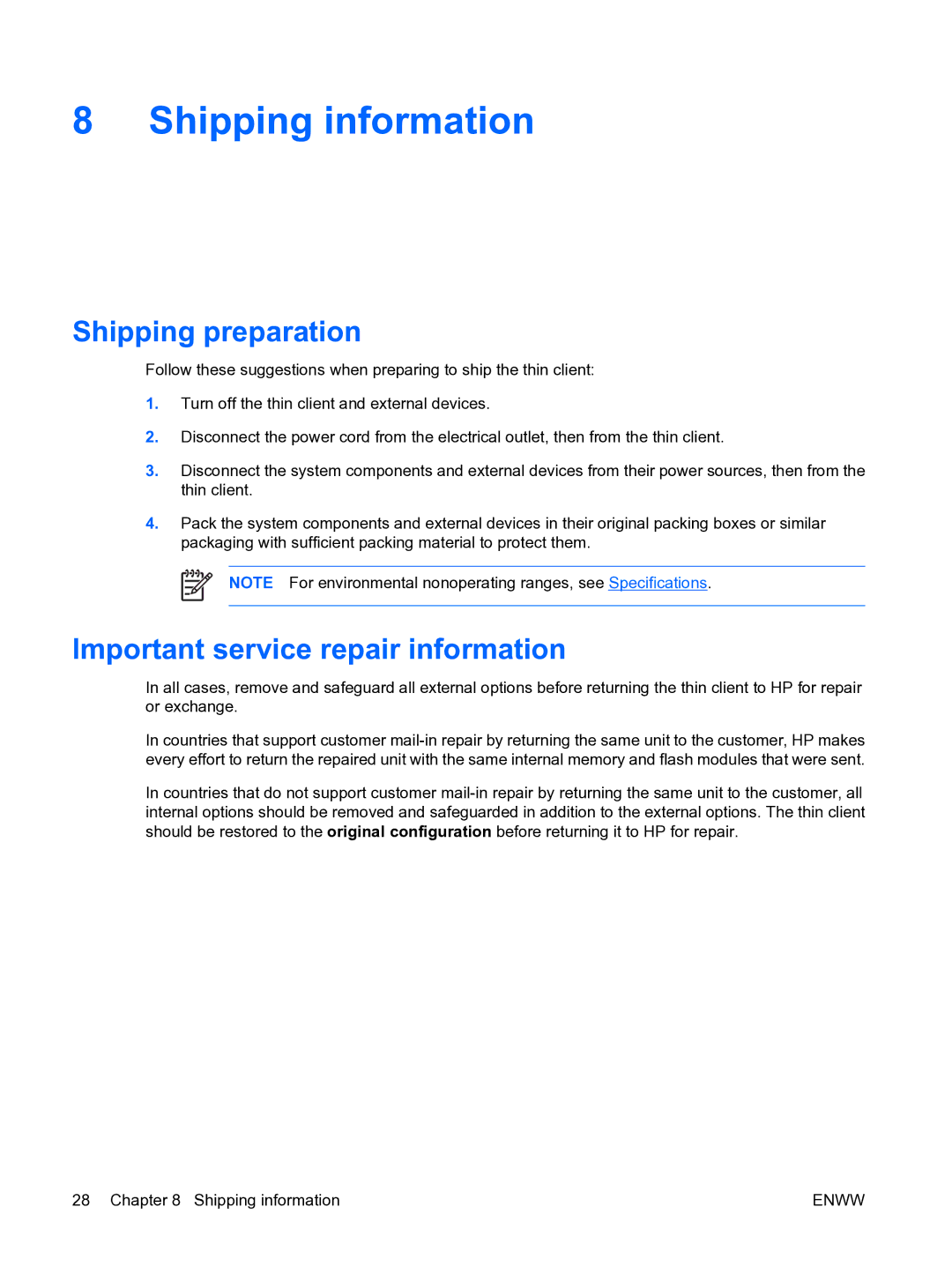 HP t5135 manual Shipping information, Shipping preparation, Important service repair information 