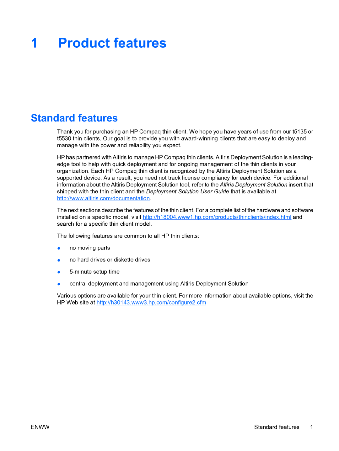 HP t5135 manual Product features, Standard features 