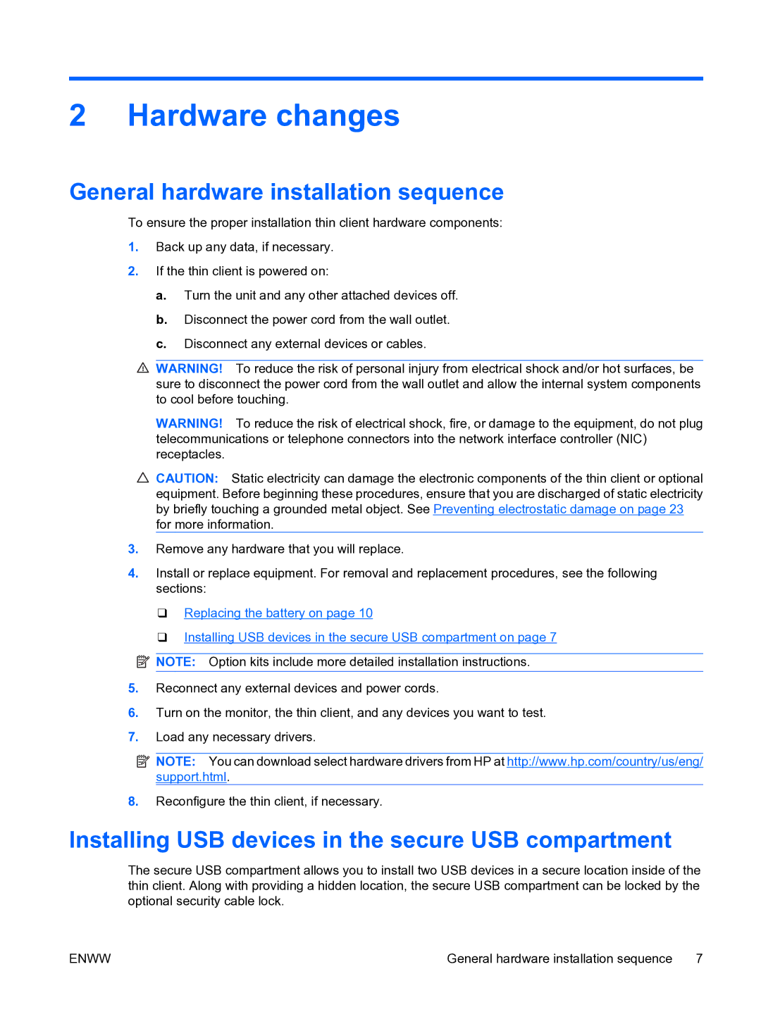 HP t5135 Hardware changes, General hardware installation sequence, Installing USB devices in the secure USB compartment 