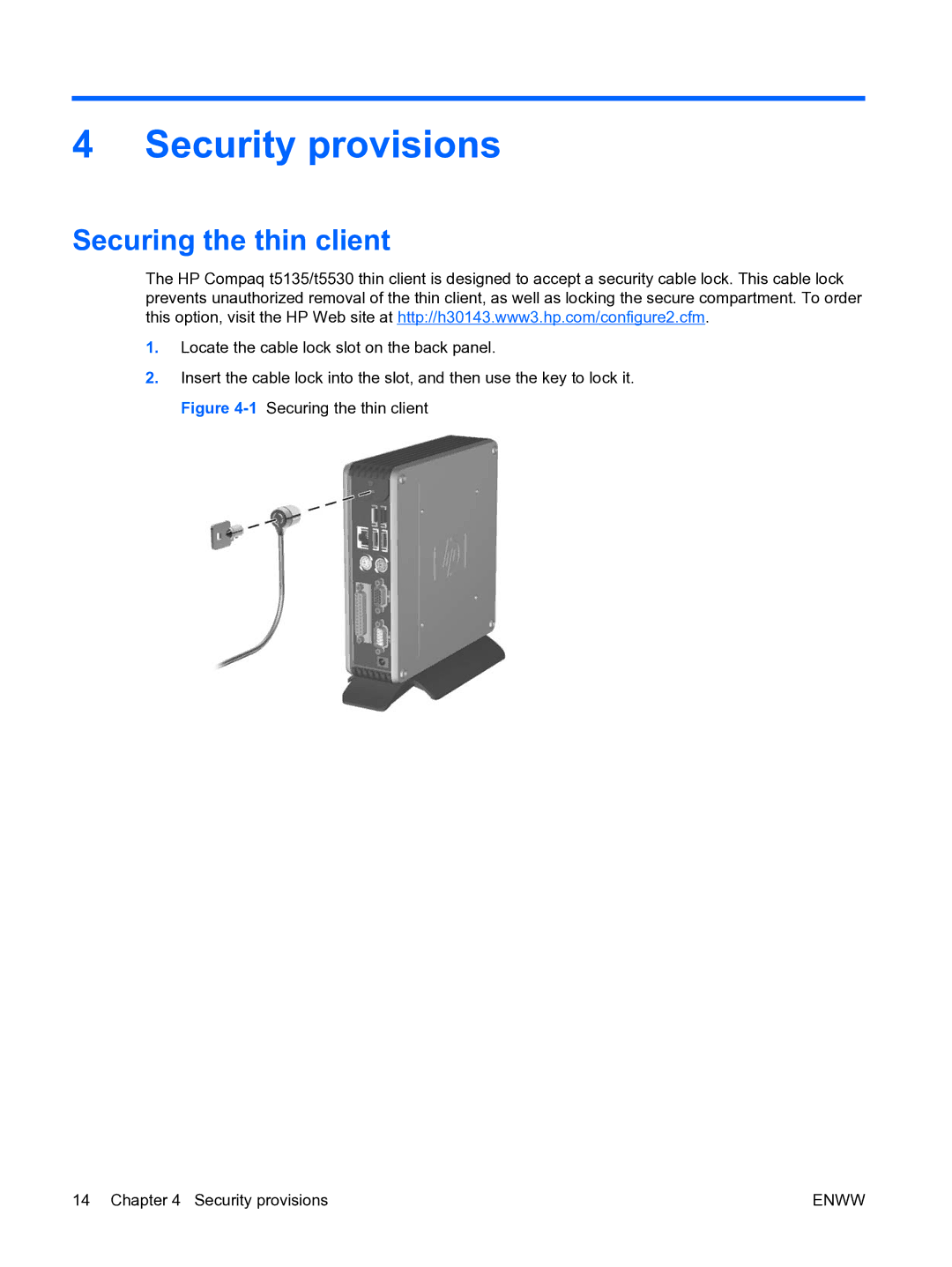 HP t5135 manual Security provisions, Securing the thin client 