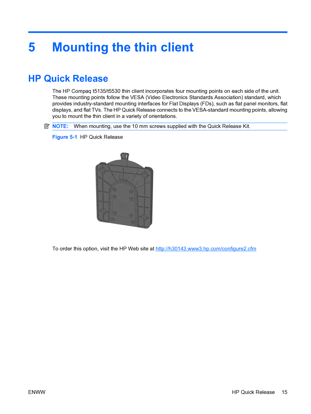 HP t5135 manual Mounting the thin client, HP Quick Release 