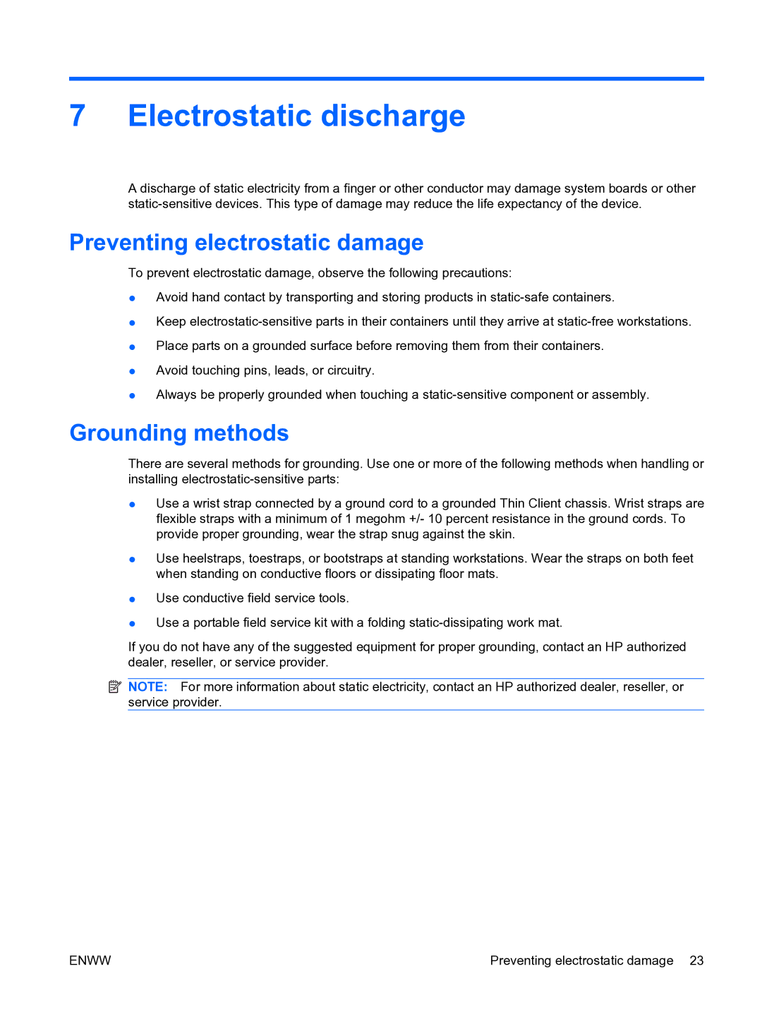 HP t5135 manual Electrostatic discharge, Preventing electrostatic damage, Grounding methods 