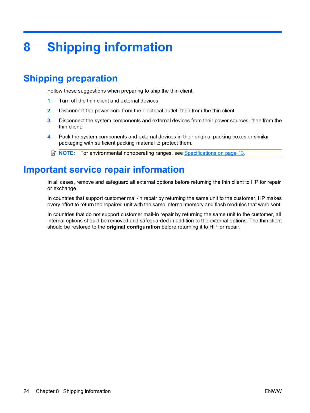 HP t5135 manual Shipping information, Shipping preparation, Important service repair information 