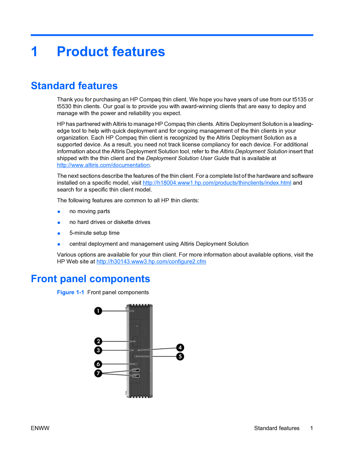 HP t5135 manual Product features, Standard features, Front panel components 