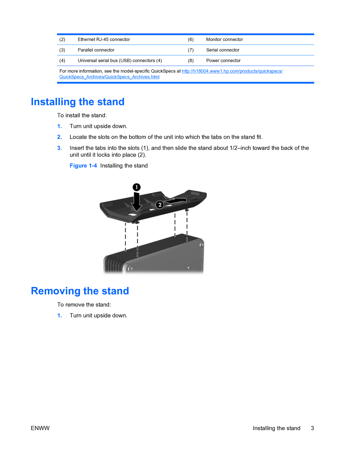 HP t5135 manual Installing the stand, Removing the stand 