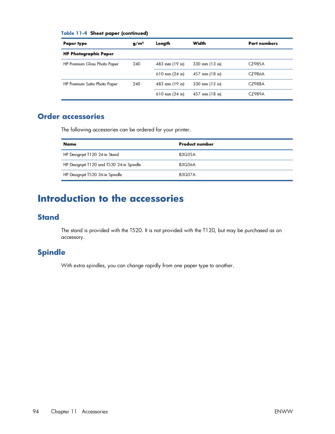 HP T520 manual Introduction to the accessories, Order accessories, Stand, Spindle 