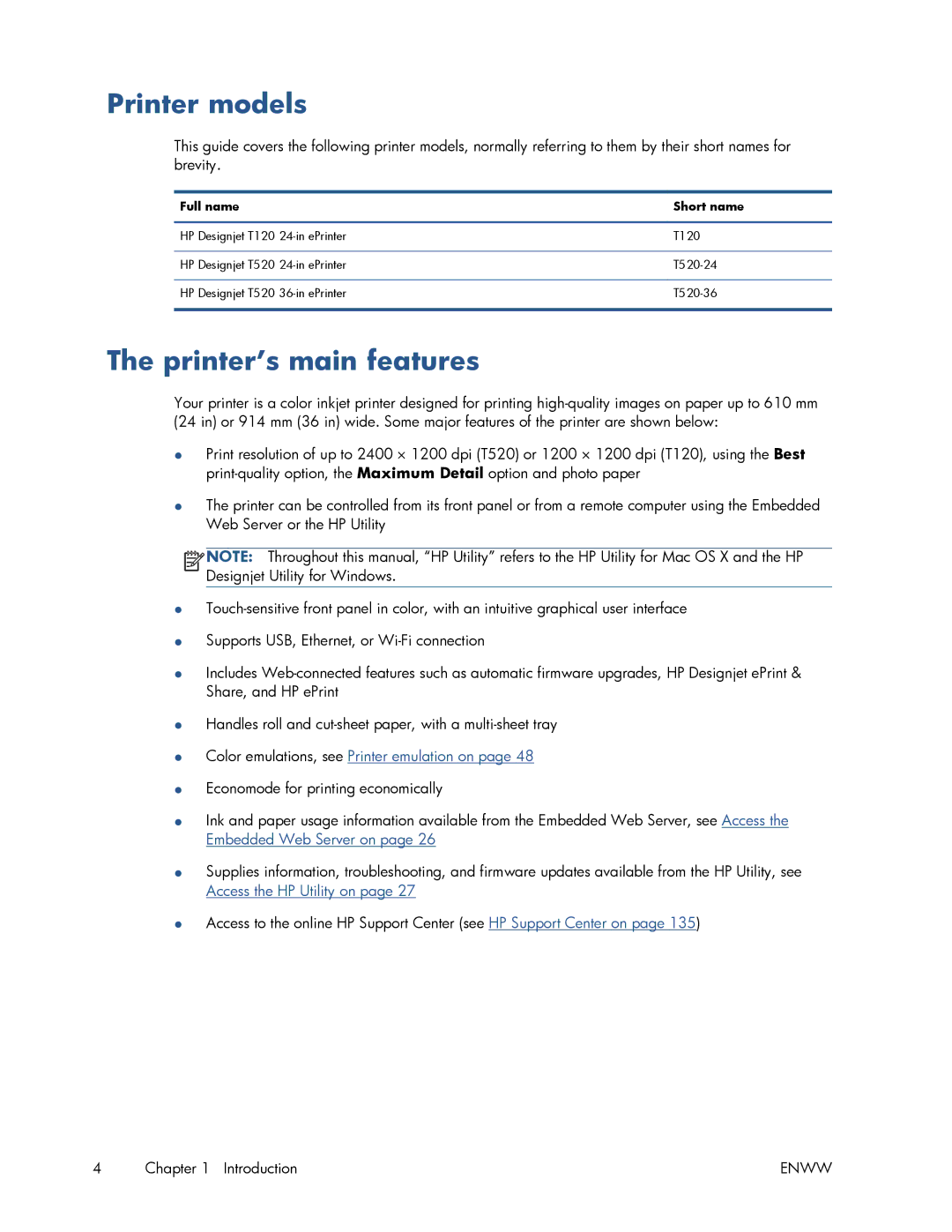 HP T520 manual Printer models, Printer’s main features 