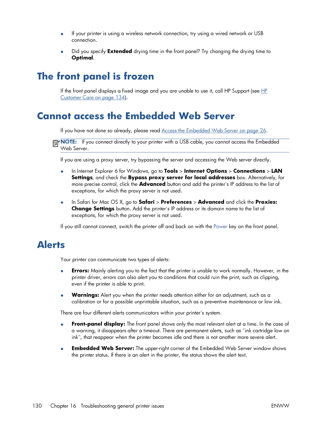 HP T520 manual Front panel is frozen, Cannot access the Embedded Web Server, Alerts 