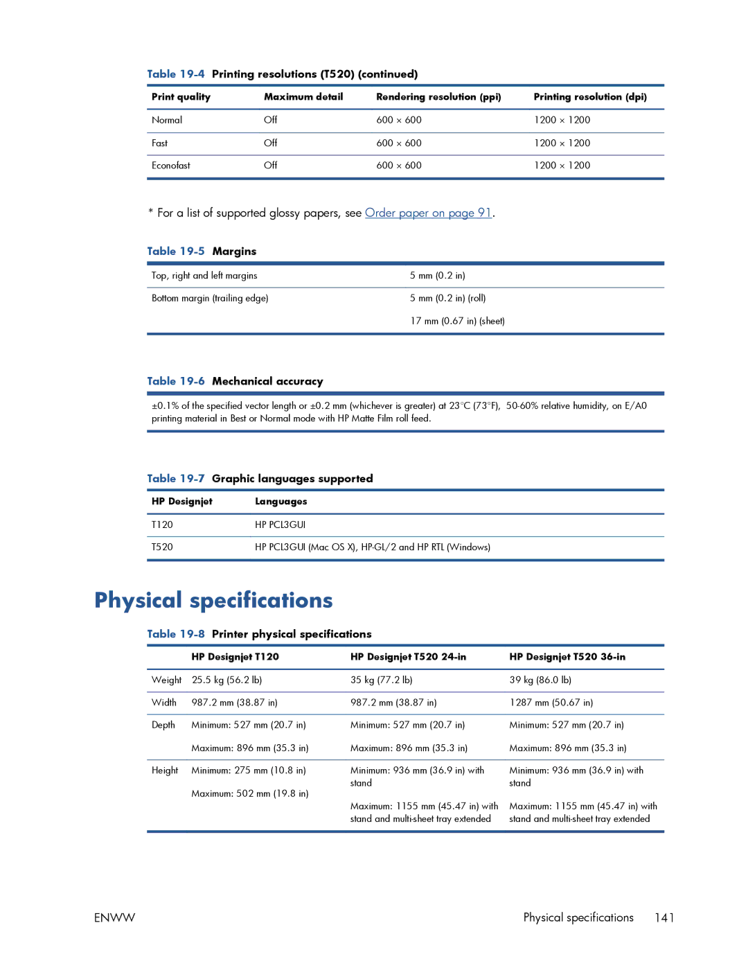 HP T520 manual Physical specifications, For a list of supported glossy papers, see Order paper on 