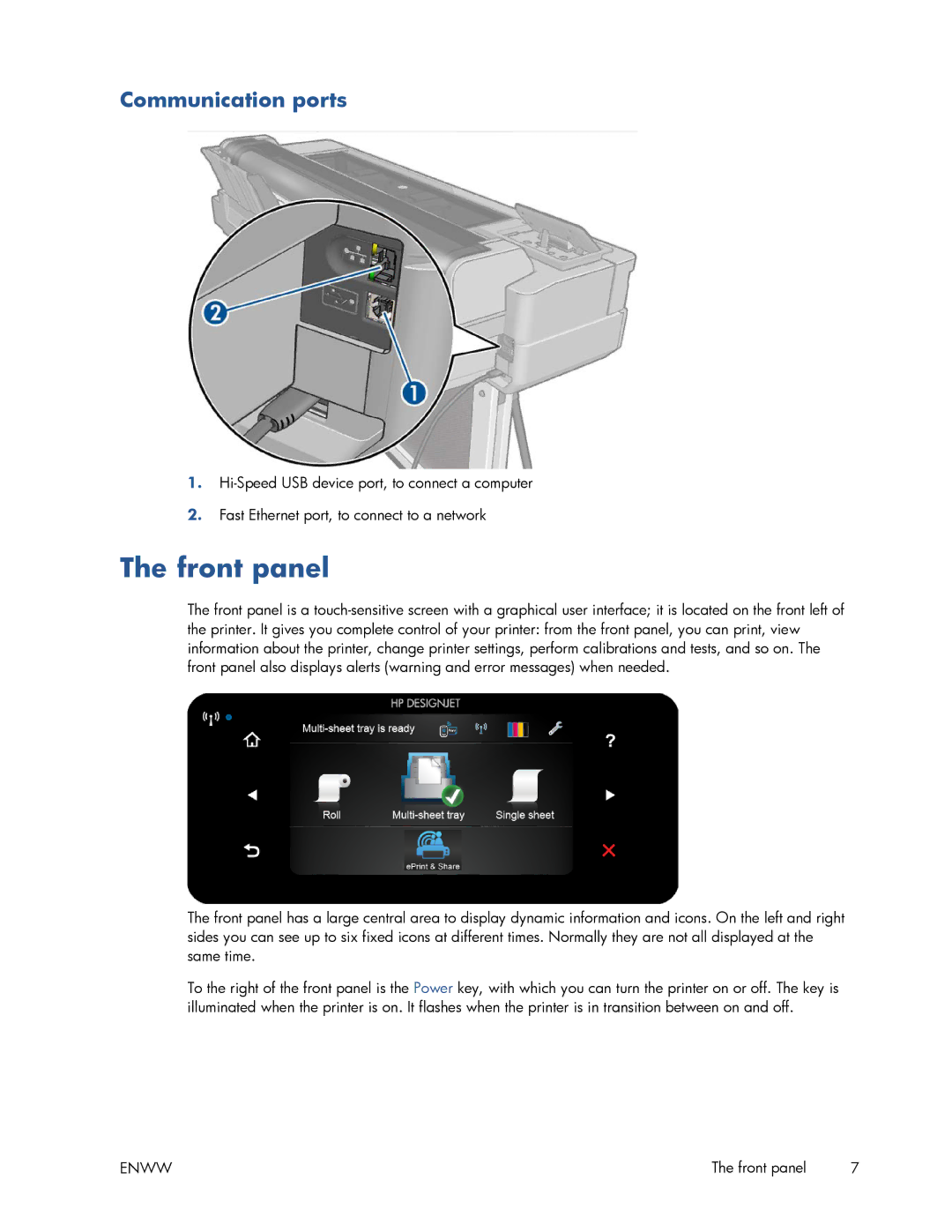 HP T520 manual Front panel, Communication ports 