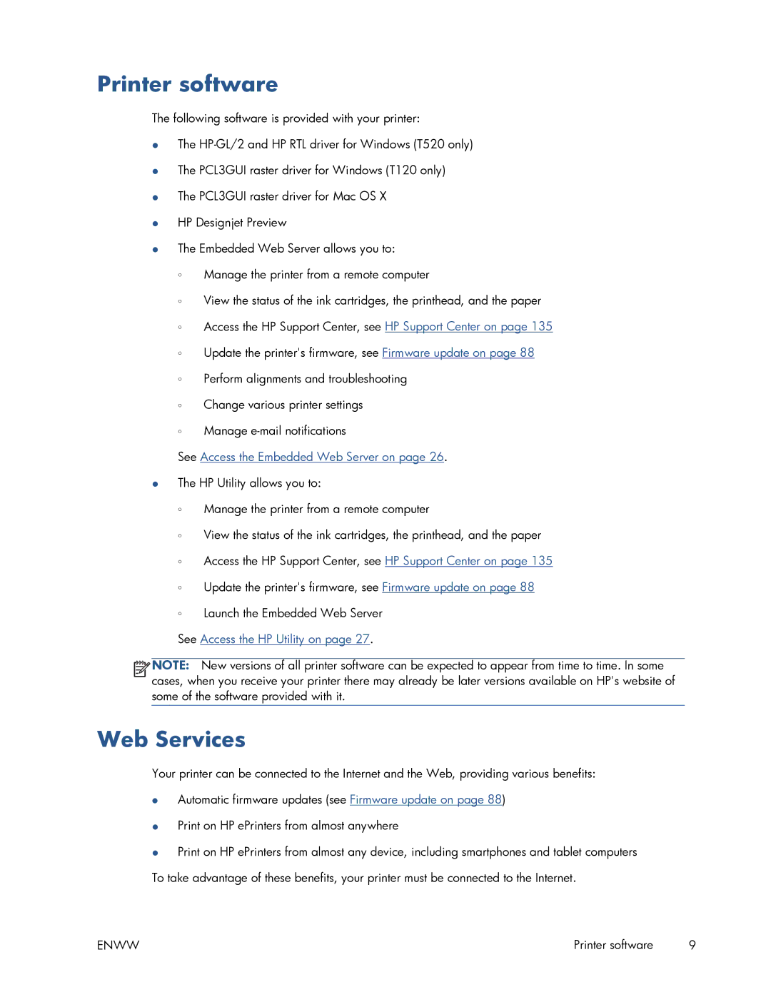 HP T520 manual Printer software, Web Services 