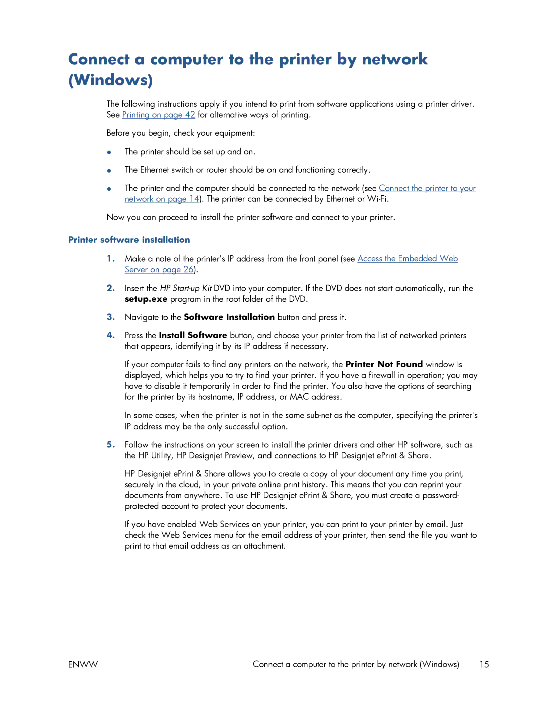 HP T520 manual Connect a computer to the printer by network Windows, Printer software installation 