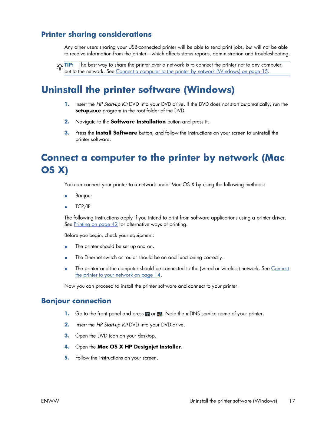 HP T520 Uninstall the printer software Windows, Connect a computer to the printer by network Mac OS, Bonjour connection 