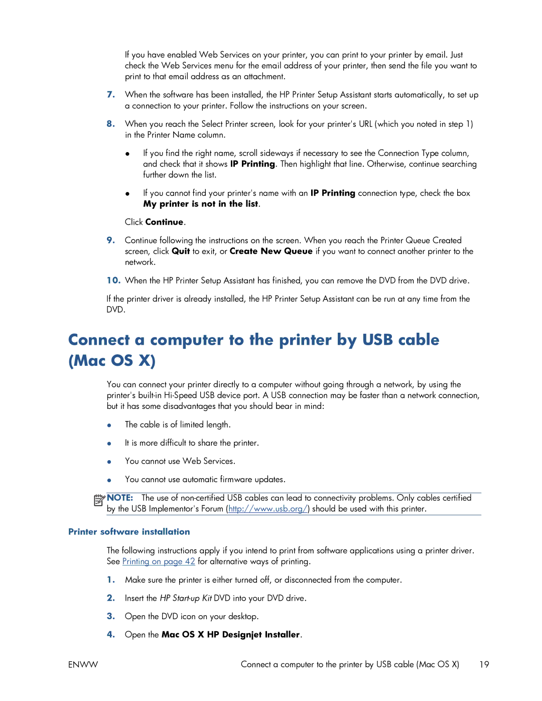 HP T520 manual Connect a computer to the printer by USB cable Mac OS, Printer software installation 