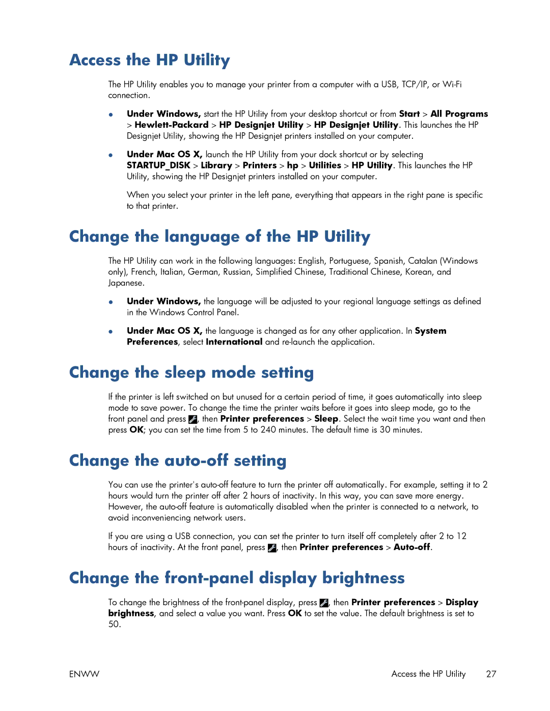 HP T520 manual Access the HP Utility, Change the language of the HP Utility, Change the sleep mode setting 