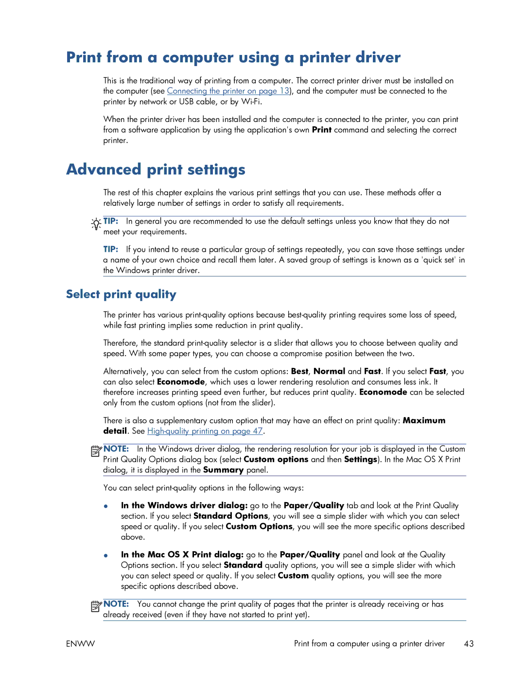 HP T520 manual Print from a computer using a printer driver, Advanced print settings, Select print quality 