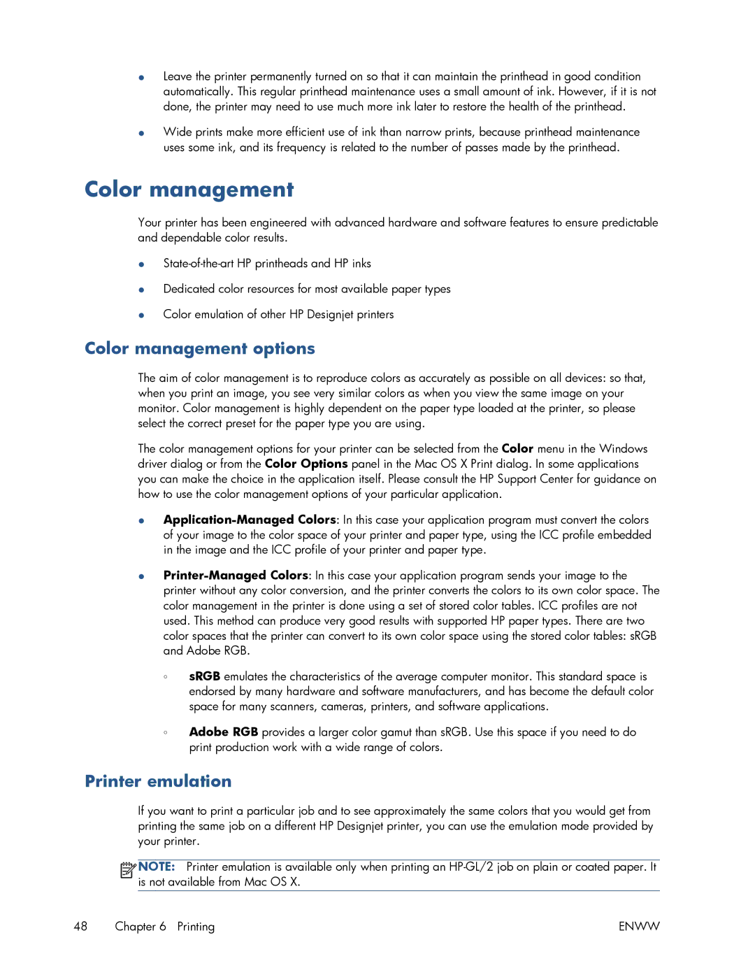 HP T520 manual Color management options, Printer emulation 